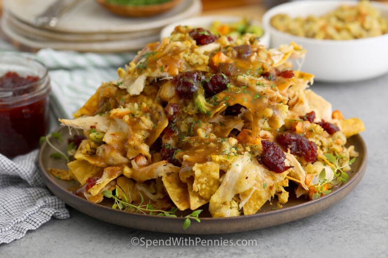 a plate of thanksgiving nachos