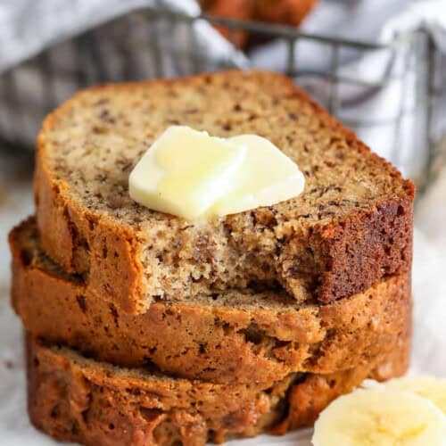 stack of Banana Bread Recipe with butter