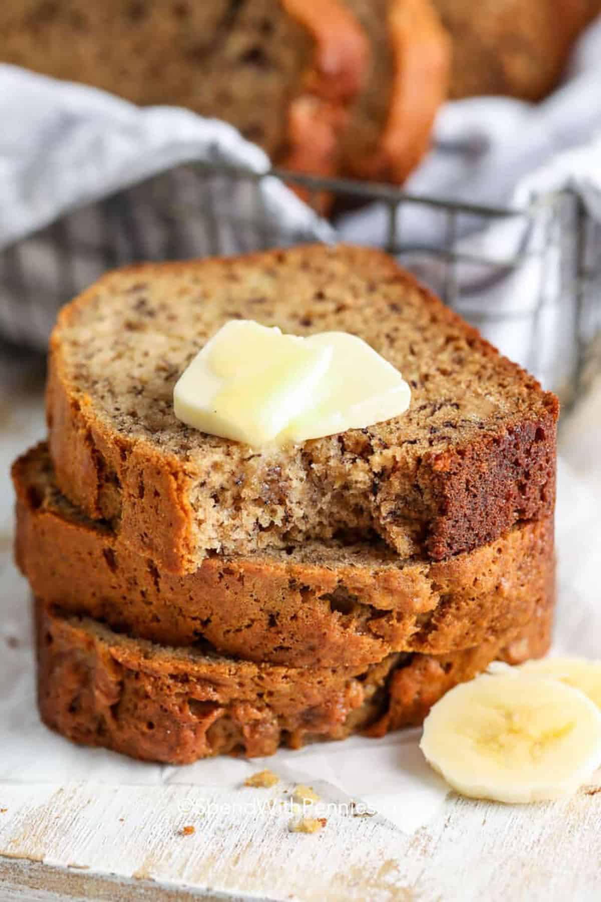 stack of Banana Bread Recipe with butter