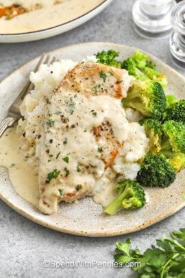 plated Boursin Chicken with mashed potatoes and broccoli