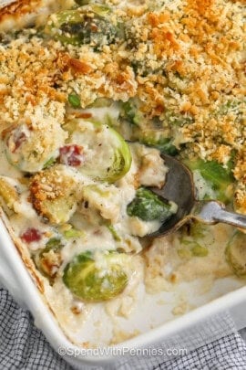 close up cheesyBrussels Sprout Casserole
