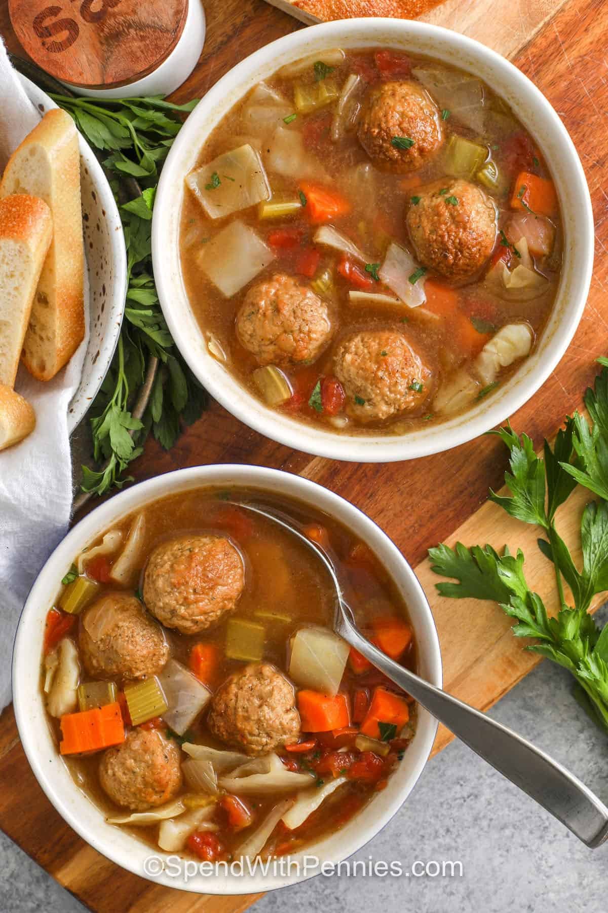 top view of Cabbage Meatball Soup in bowls