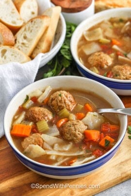 bowls of Cabbage Meatball Soup with bread