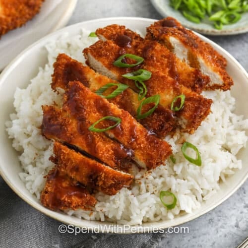 Chicken Katsu on rice with sauce drizzled over top