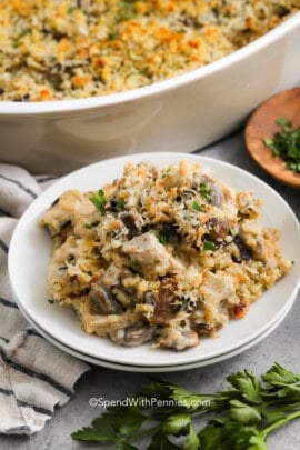 plated Chicken Mushroom Casserole with dish full in back