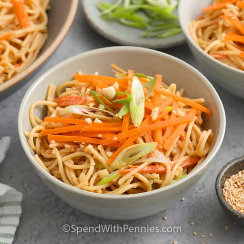 Close up of a bowl of cold sesame noodles topped with matchstick carrots, green onion, chopped peanuts and sesame seeds