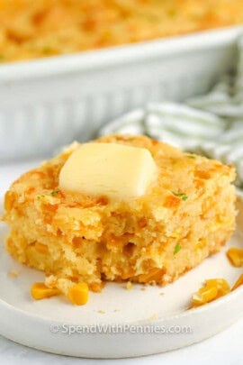 slice of Cornbread Casserole with a bite taken out