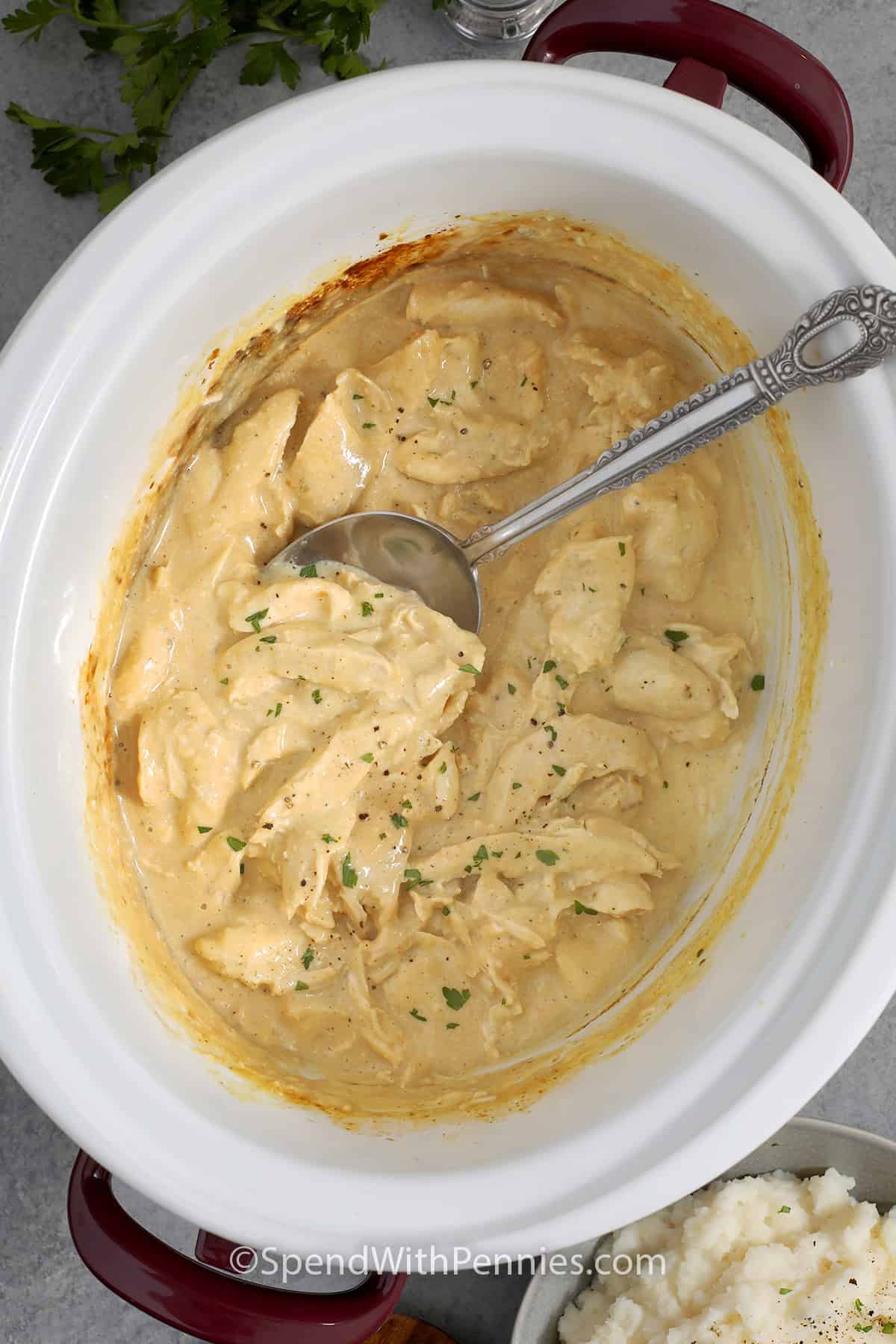 Crockpot chicken and gravy brings big comfort with simple ingredients. Chicken breasts cook gently in a creamy broth base flavored with bouillon and poultry seasoning. The gravy thickens right in the slow cooker with a quick cornstarch slurry, making it rich and spoonable. Serve over rice or noodles, then save leftovers for easy meals that reheat smoothly with a quick whisk. #spendwithpennies Shredded chicken in a creamy gravy in a crockpot with a spoon.
