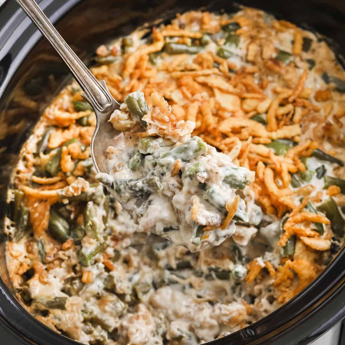 Crockpot Green Bean Casserole on a spoon