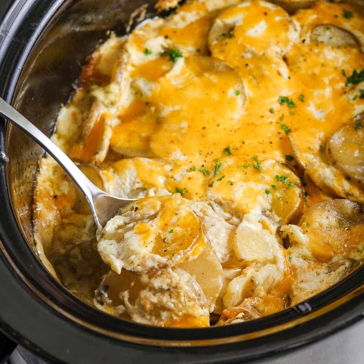 a spoon serving a crockpot of scalloped potatoes