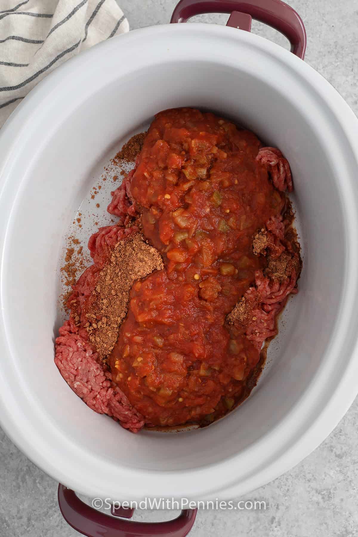 Adding raw ground beef, taco seasoning and salsa to a crockpot to make Crockpot Taco Meat