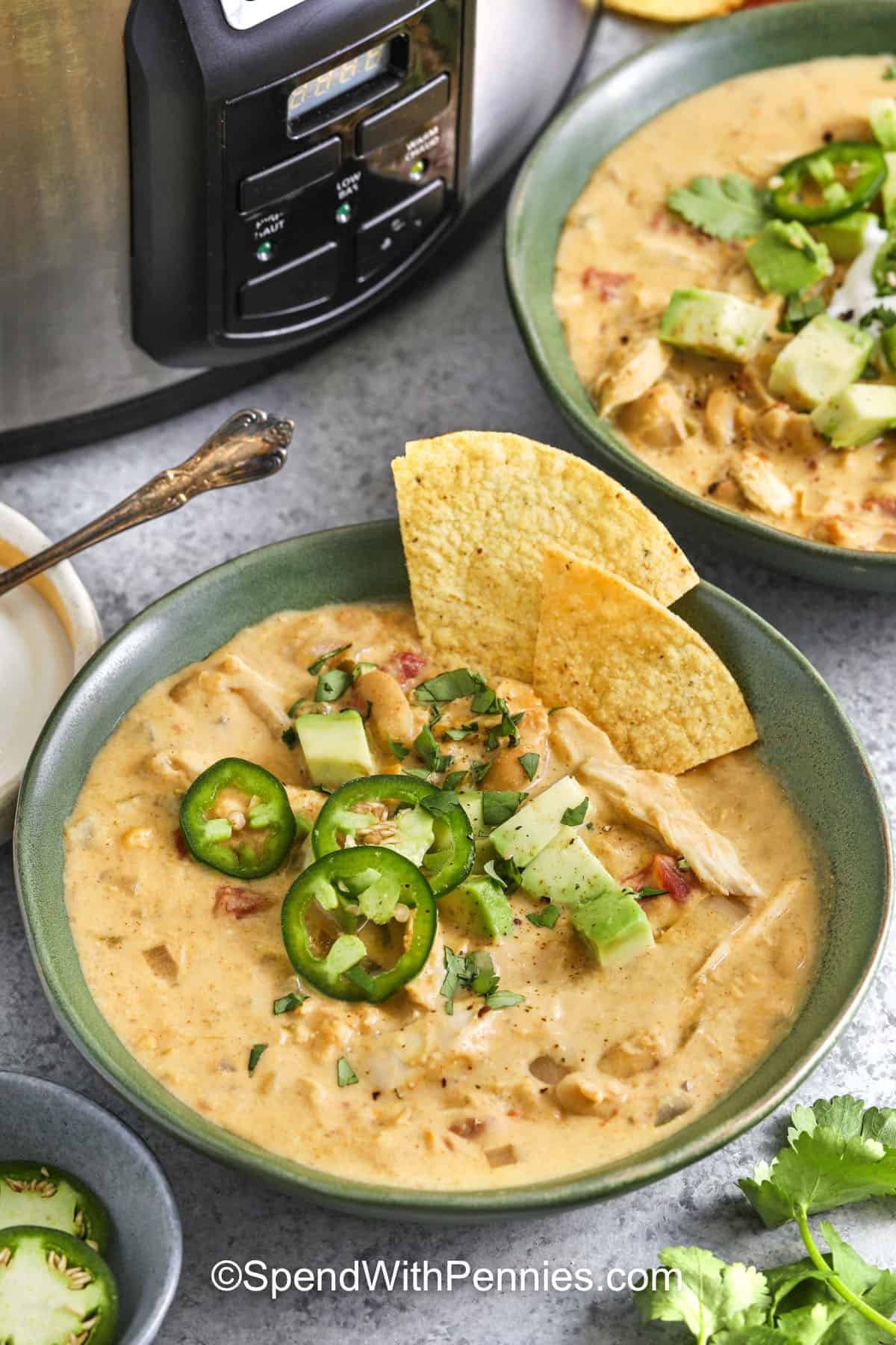 bowls of Crockpot White Chicken Chili