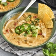 close up of creamy Crockpot White Chicken Chili in a bowl