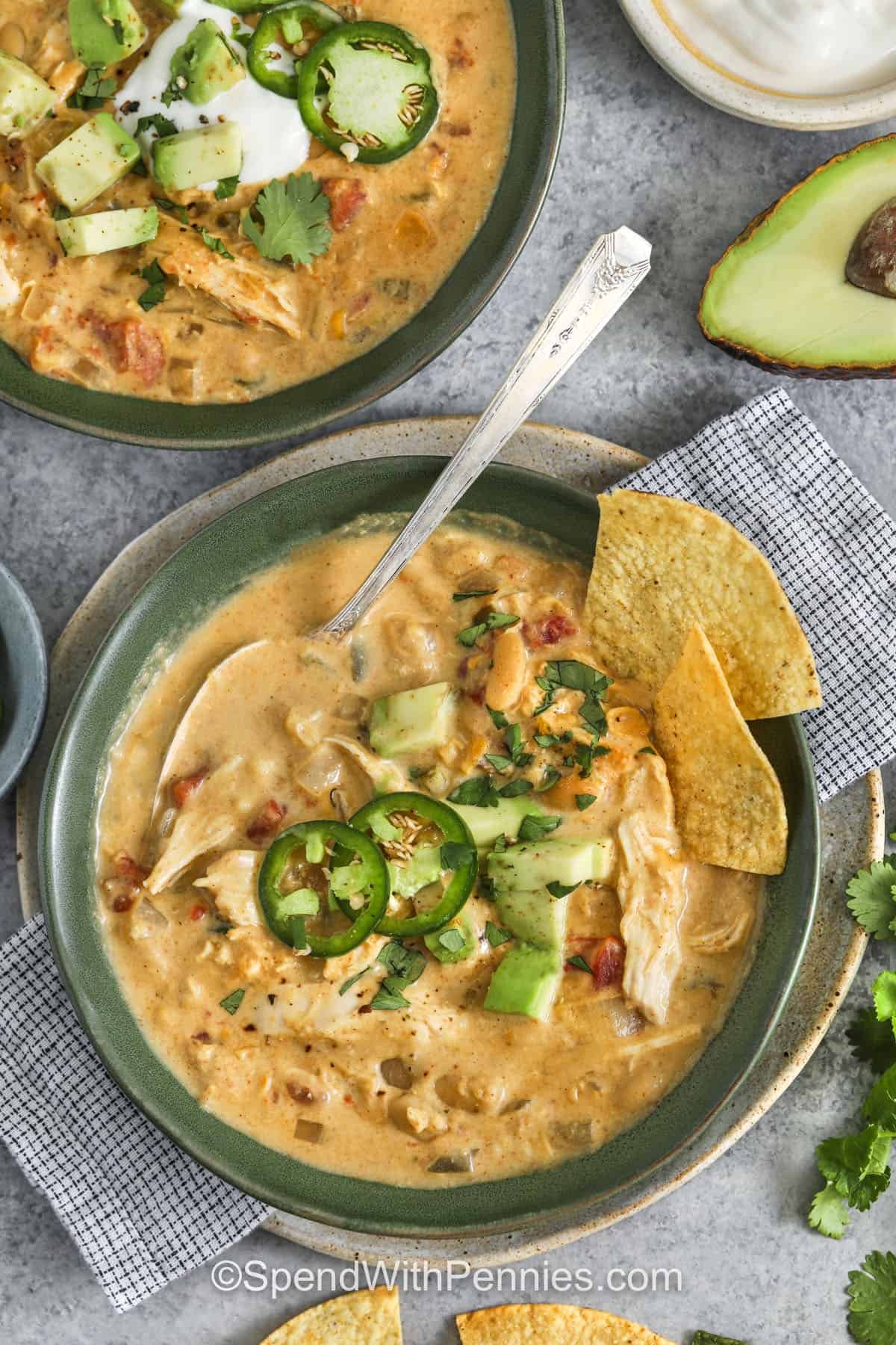 plated dishes of Crockpot White Chicken Chili