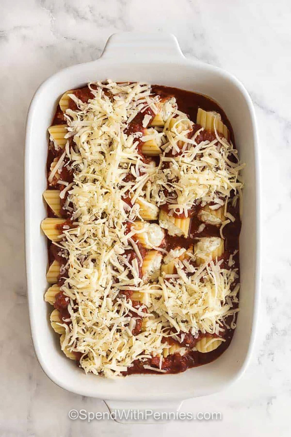 Easy Stuffed Manicotti in the dish before cooking