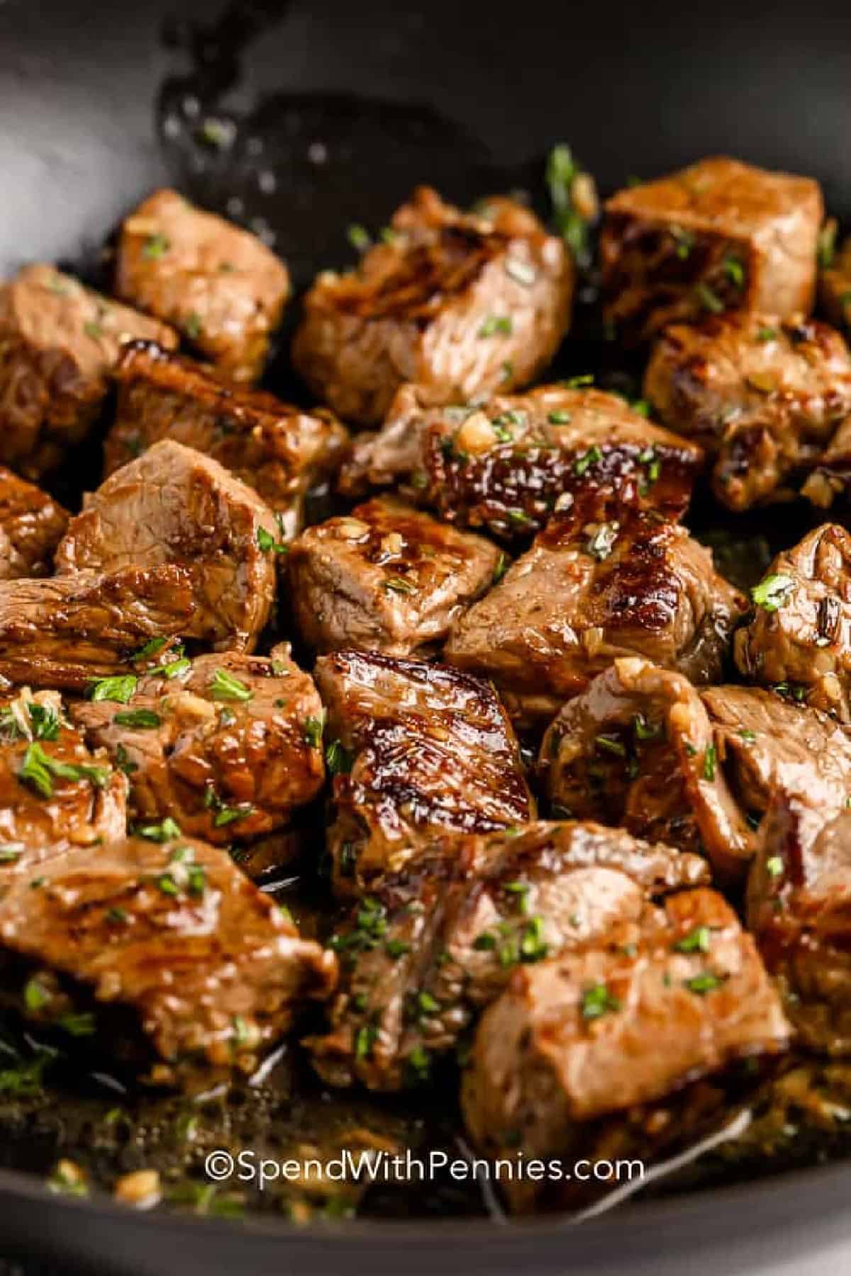 Garlic butter steak bites in a pan