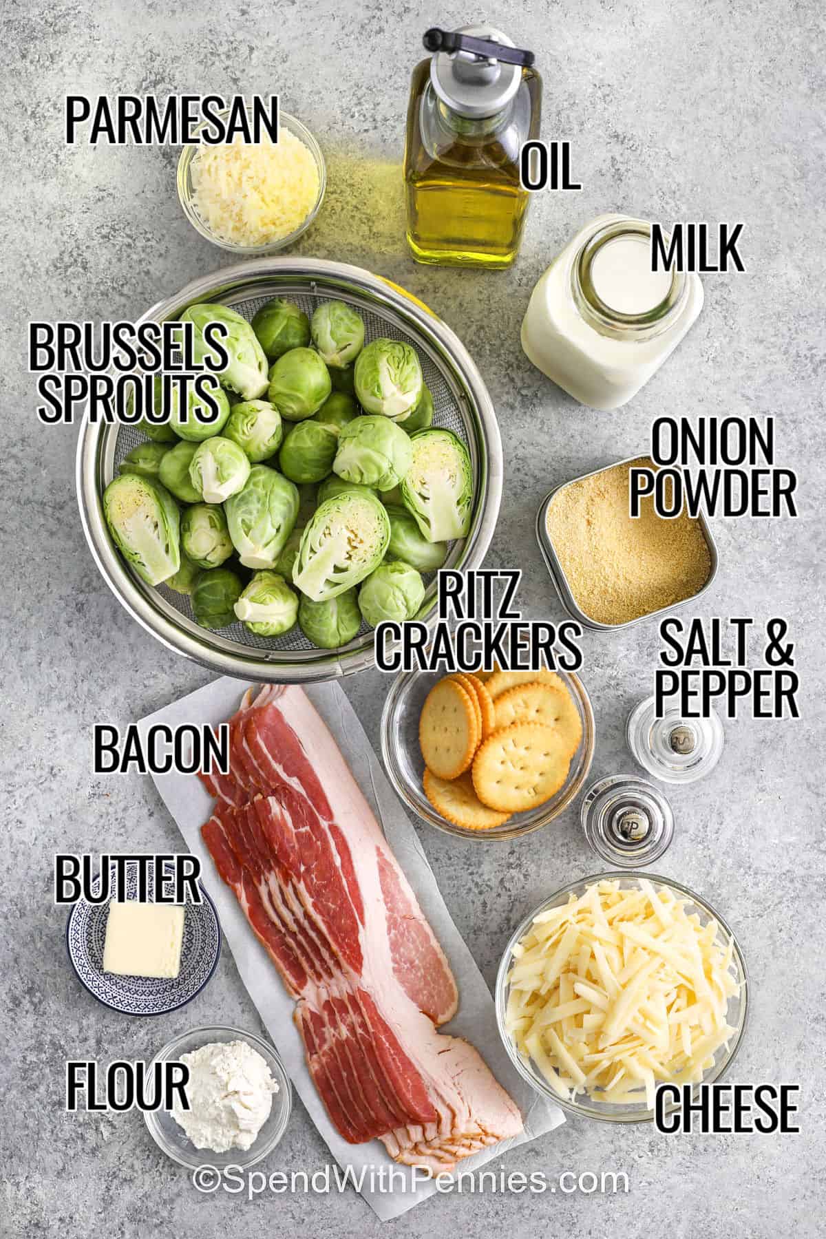 Make holiday meals extra special with this creamy Brussel sprout casserole. Tender sprouts are coated in rich cheese sauce and topped with smoky bacon and a buttery crust. It’s easy to prepare ahead and pairs beautifully with classic Christmas dishes. The warm, comforting flavors are sure to be a favorite at any winter gathering. #spendwithpennies parmesan, oil, milk , onion powder , Brussels sprouts , ritz crackers , bacon , butter , flour , cheese , salt and pepper with labels to makeBrussels Sprout Casserole