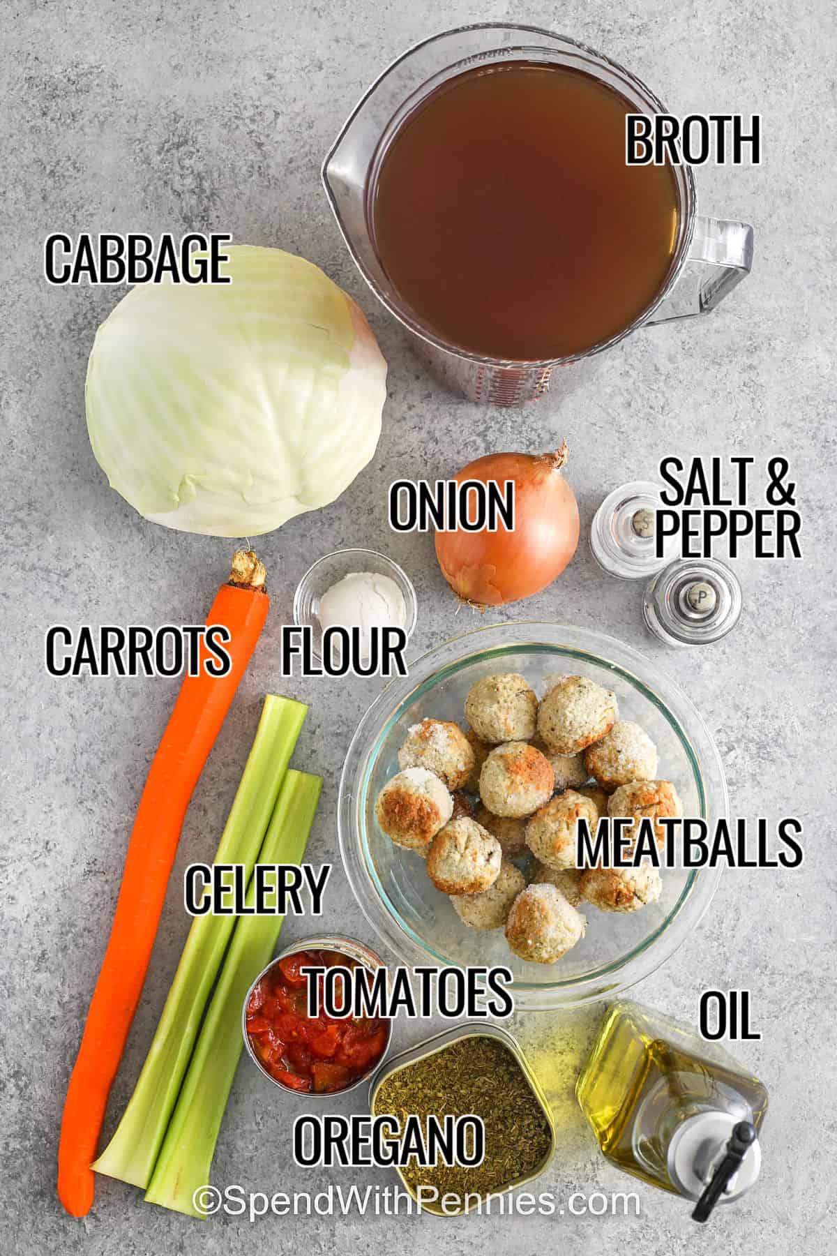 broth , cabbage , onion , flour , carrots , celery , tomatoes , oregano , oil , meatballs, salt and pepper with labels to make Cabbage Meatball Soup