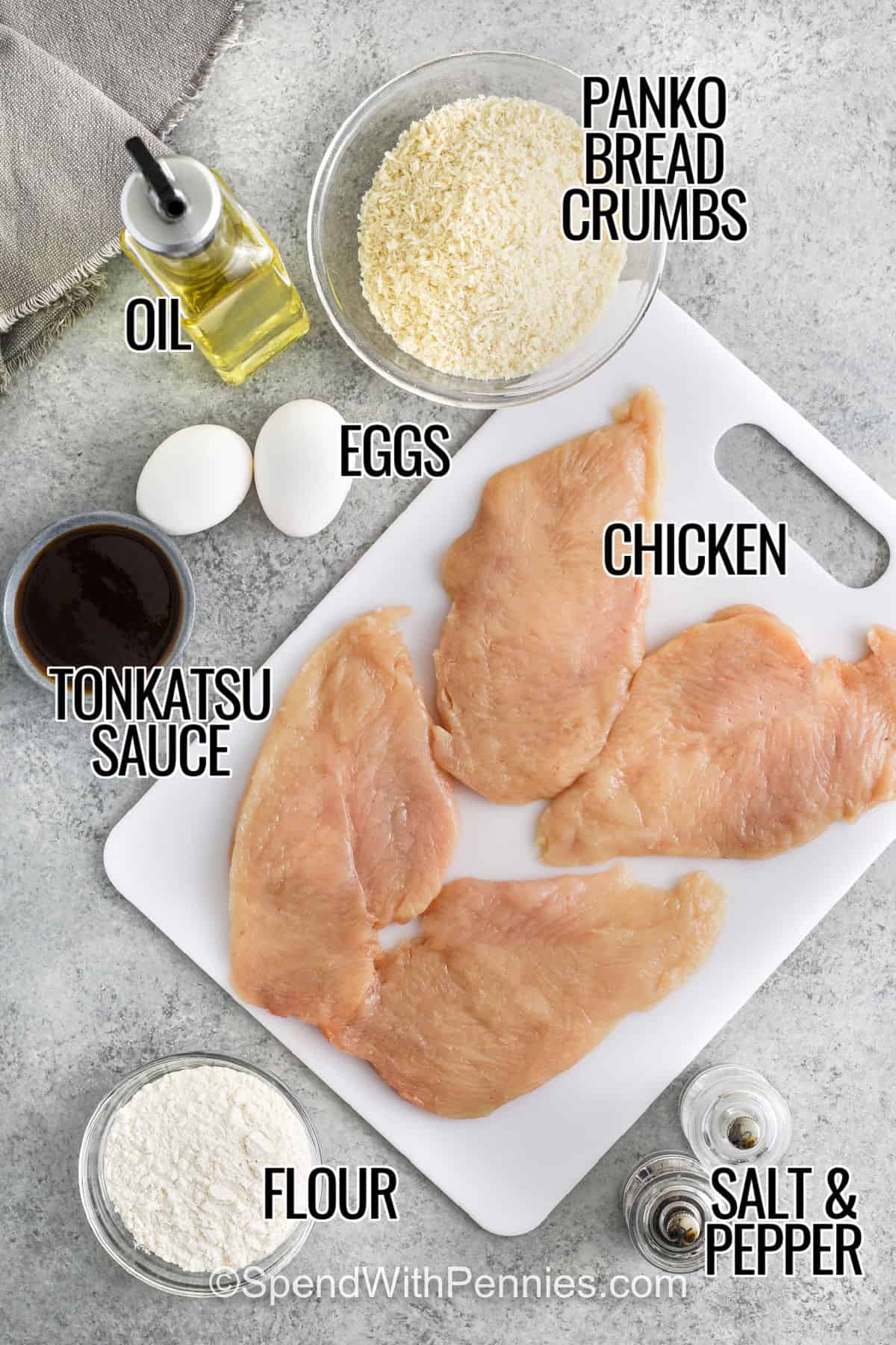 panko bread crumbs , eggs , oil , tonkatsu sauce , flour , chicken , salt and pepper with labels to make Chicken Katsu