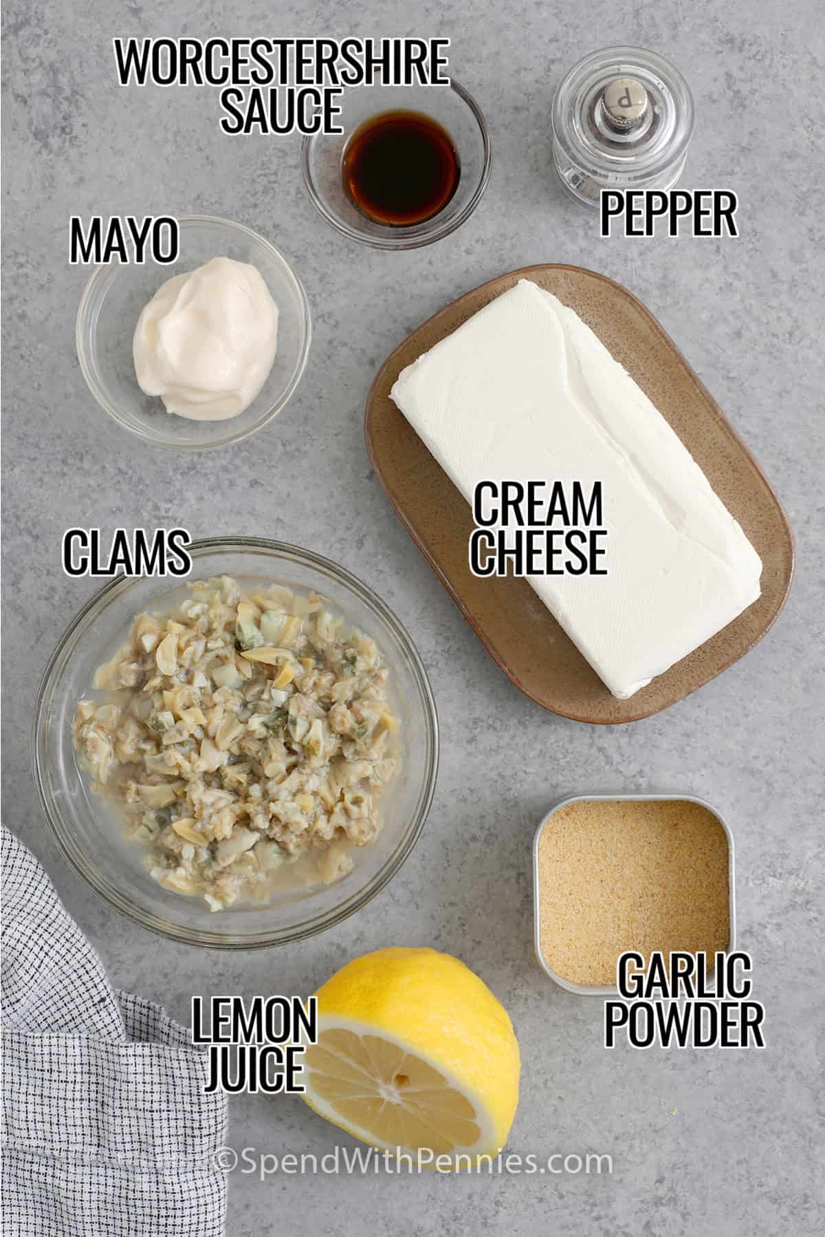 Clams, cream cheese, mayo, Worcestershire sauce, pepper, garlic powder and lemon juice to make Clam Dip