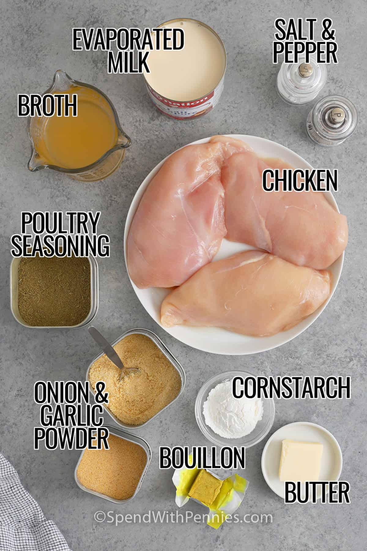 Crockpot chicken and gravy is a cozy slow cooker dinner made with tender chicken breasts, chicken broth, and evaporated milk for a creamy finish. Cornstarch thickens the gravy right in the crockpot, so it turns smooth and spoonable without extra pans. Serve it over mashed potatoes, rice, or buttered noodles with a simple green vegetable for an easy, comforting plate. #spendwithpennies Labeled chicken, evaporated milk, broth, poultry seasoning, garlic powder, onion powder, cornstarch, bouillon, butter, salt, and pepper to make Crockpot Chicken and Gravy