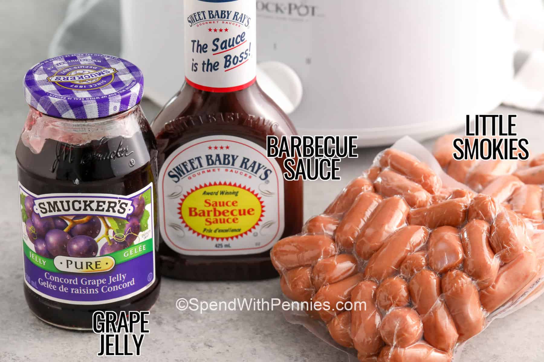 little smokies , barbecue sauce , grape jelly with labels to make Crockpot Little Smokies