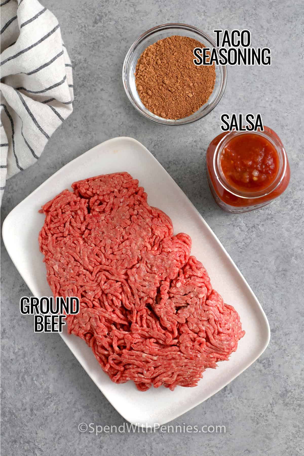 Ground beef, taco seasoning and salsa to make Crockpot Taco Meat