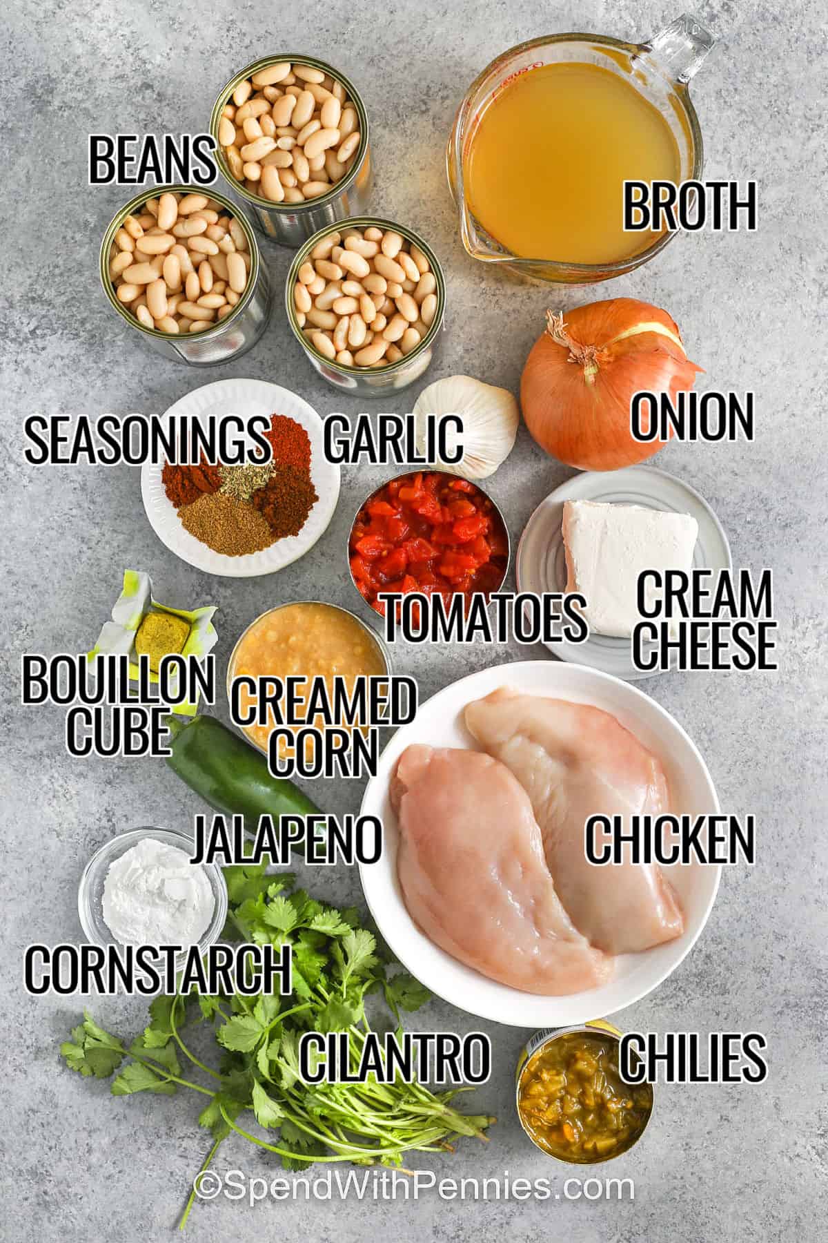 beans , broth , onion , garlic , seasonings , tomatoes , cream cheese , creamed corn , bouillon cube , jalapeno , chicken , cornstarch , cilantro , chilies with labels to make Crockpot White Chicken Chili