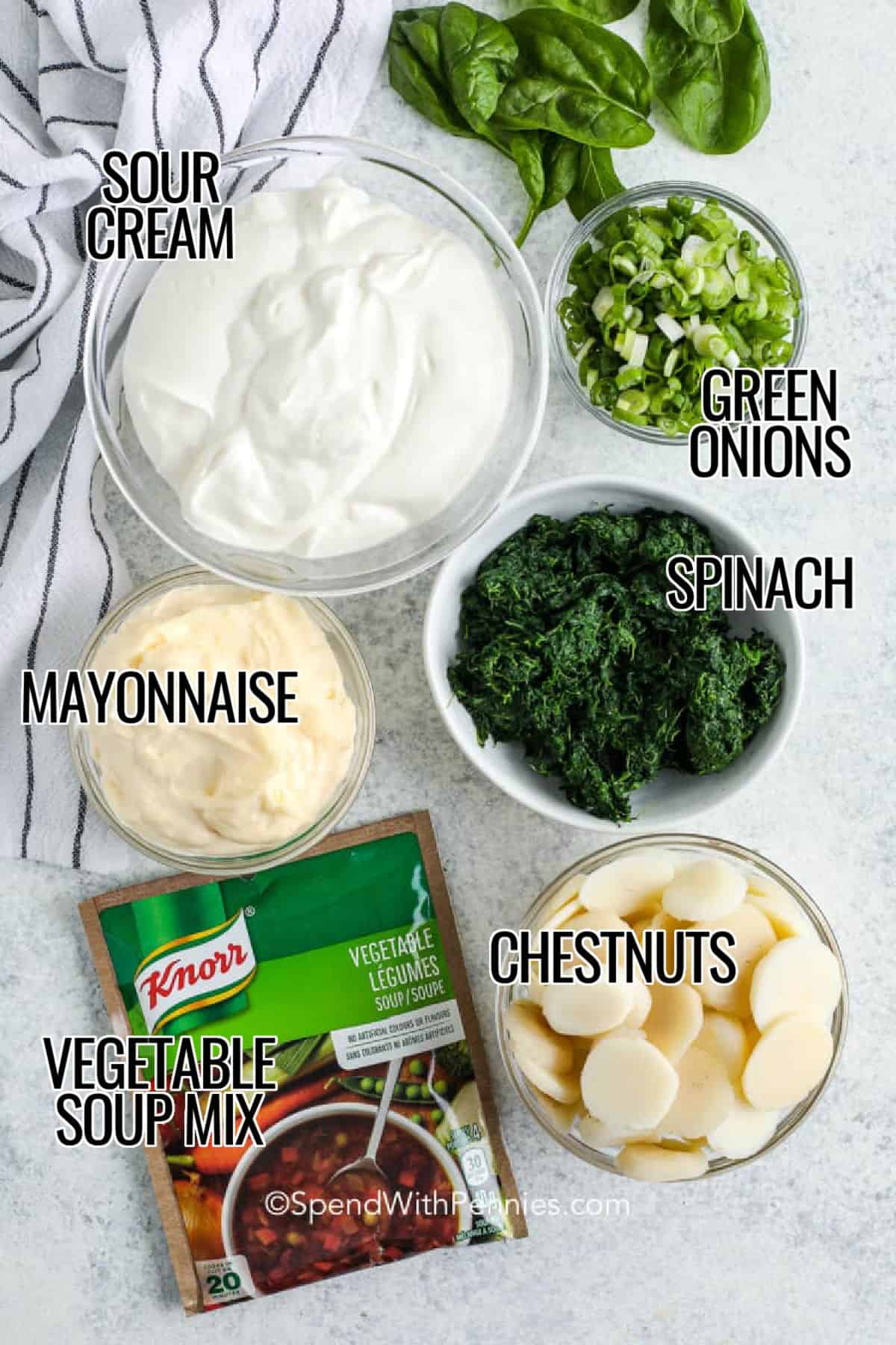 This cold spinach dip recipe with water chestnuts is all about the perfect texture. Press the spinach until very dry to keep the dip creamy and thick. Mix with sour cream, mayonnaise, vegetable soup mix, and chopped green onions, then chill so the seasoning softens and the flavor rounds out. Serve in a bowl with crackers, pretzels, or toasted baguette slices for easy snacking. #spendwithpennies sour cream , green onion , spinach , mayonnaise , chestnuts , vegetable soup mix with labels to make Spinach Dip