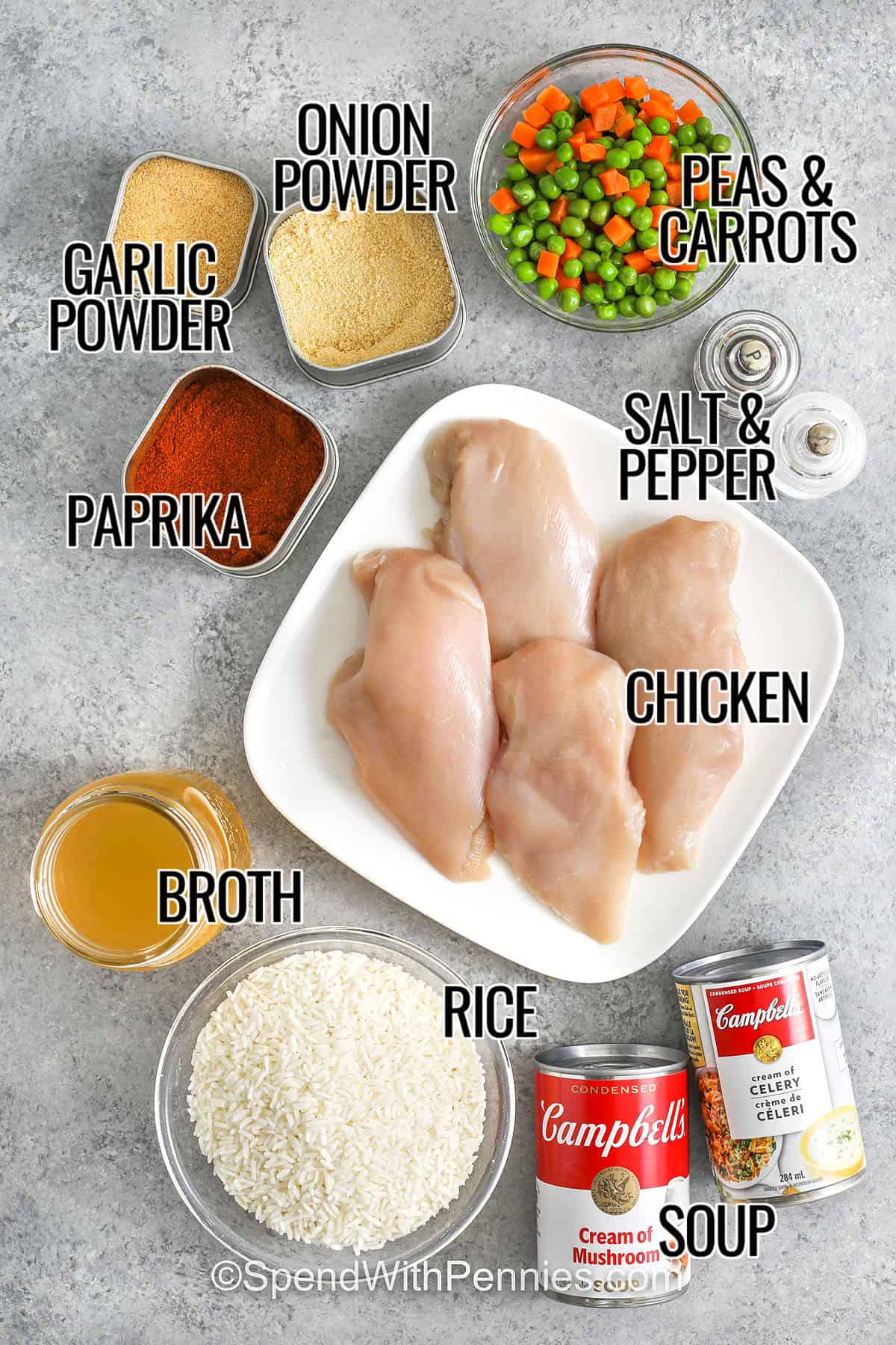 garlic powder , onion powder , paprika , broth , rice , soup , chicken , peas , carrots , salt and pepper with labels to make No Peek Chicken
