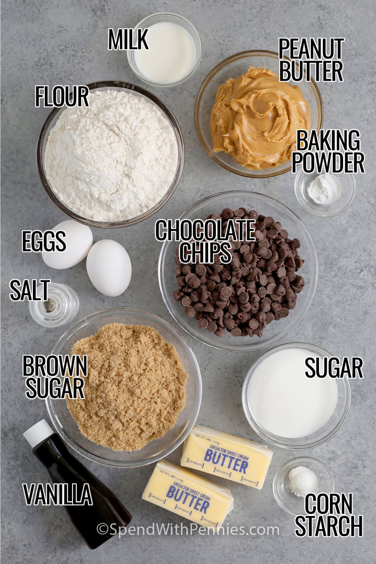 Flour, milk, peanut butter, baking powder, eggs, salt, chocolate chips, brown sugar, granulated sugar, vanilla, butter, and cornstarch to make Peanut Butter Cookie Bars.