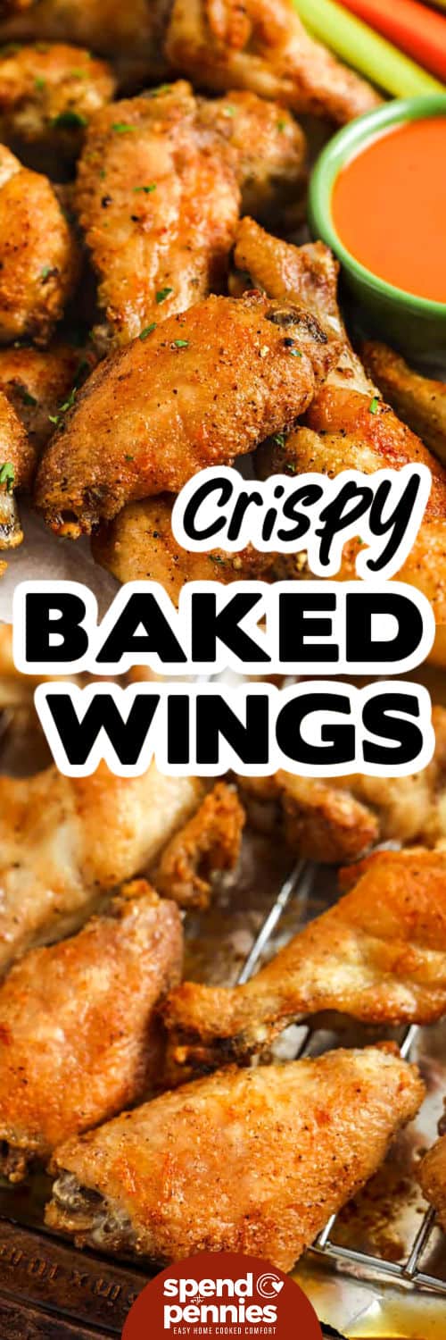 These crispy baked chicken wings use simple pantry ingredients and a few smart steps to get restaurant-style texture. Dry wings plus rack baking makes a big difference, and a short uncovered chill helps the coating set. Plus, a secret ingredient helps puff the skins up for a crackly texture. Bake until crisp, then finish with a quick broil for deeper color. They work with any wing sauce, and leftovers reheat best on a rack to bring the crunch back. #spendwithpennies Actually Crispy Oven Baked Wings on a sheet pan and plated with a title