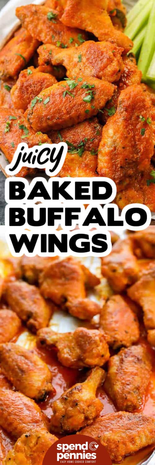 Baked Buffalo Wings on a sheet pan and plated with writing