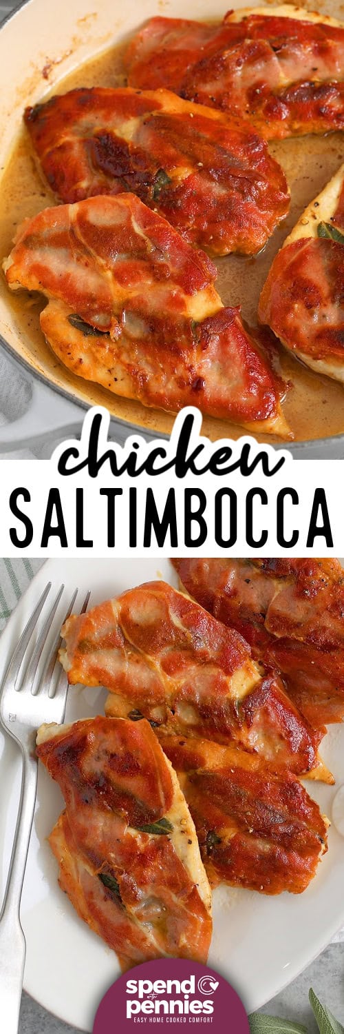 Close up of chicken saltimbocca in a skillet and on a plate with a title