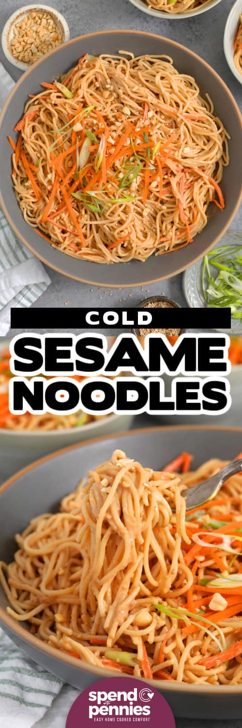 An overhead view and a close up view of a forkful of saucy cold sesame noodles with a title