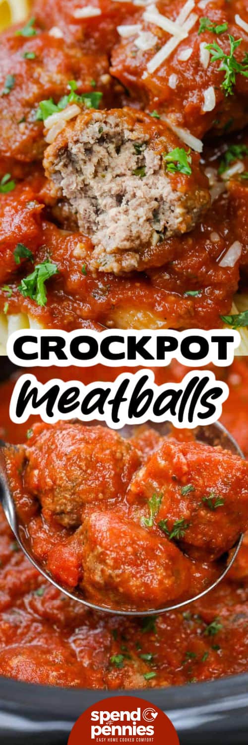 Slow cooker meatballs in tomato sauce are a reliable dinner that tastes like it simmered all day. A quick meatball mixture with Italian bread crumbs and seasonings cooks right in marinara and tomatoes, keeping everything tender and juicy. Serve crockpot meatballs over spaghetti or tuck them into rolls with melted cheese. Leftovers store well, making this recipe great for planning ahead. #spendwithpennies Crockpot Meatballs in the pot and on pasta with a title