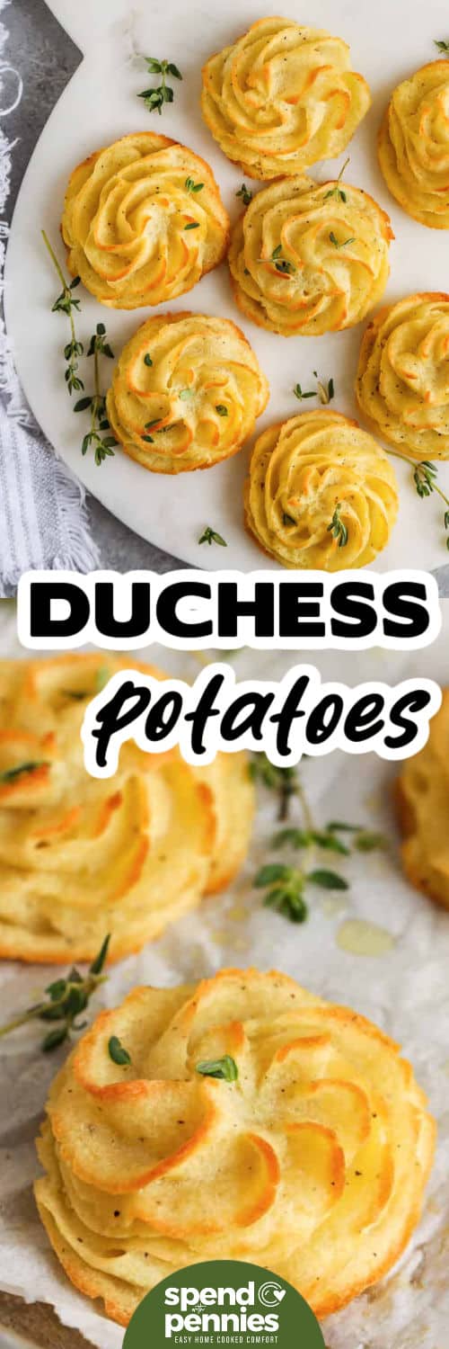 These duchess potatoes bake up beautifully with golden edges and a light, fluffy texture inside. The recipe recommends using a potato ricer for the smoothest consistency, and the ingredients include a touch of nutmeg to enhance flavor. These make ahead potatoes hold their shape well, making them a stunning and practical side dish for special meals. #spendwithpennies Duchess Potatoes on a plate and close up of one with a title