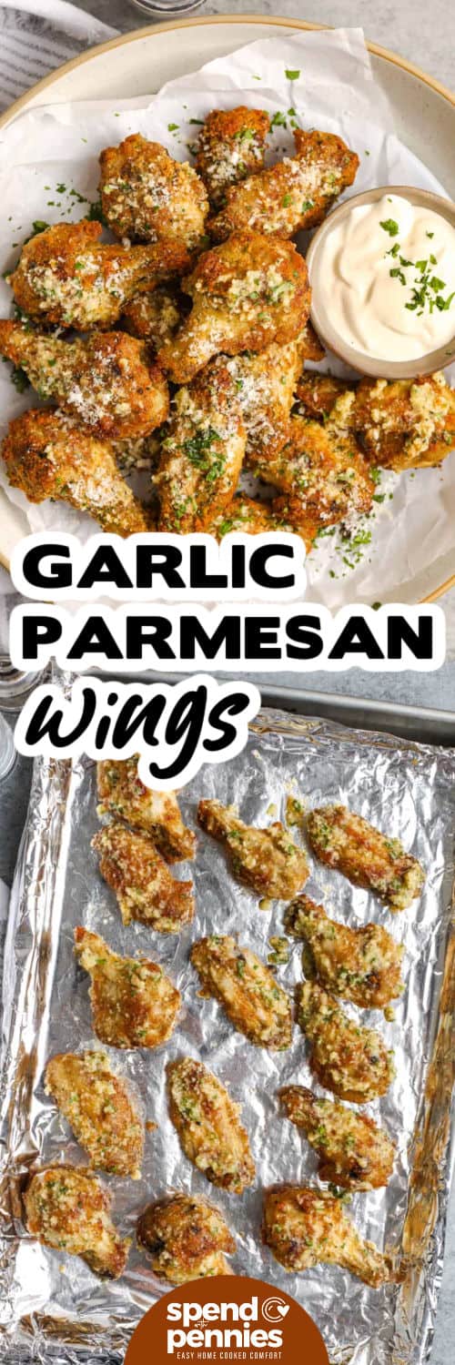 Garlic Parmesan Wings on a sheet pan and plated with a title