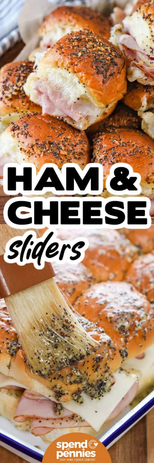 brushing butter over Ham and Cheese Sliders and plated dish with a title