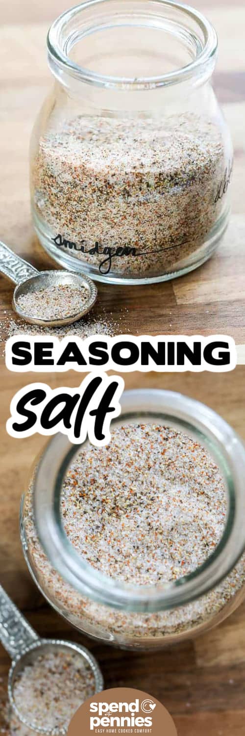 Create a fresh batch of seasoned salt using a simple blend of salt, paprika, garlic powder, onion powder, and pepper. This homemade spice mix adds flavor to everyday meals and takes only minutes to prepare. Use it to season vegetables, eggs, meats, or fries for consistent flavor without opening multiple spice jars. It stays fresh in an airtight container and becomes a practical pantry staple for quick, flavorful cooking. #spendwithpennies Homemade Seasoned Salt in a jar and in a measuring spoon , and close up of top view and a title