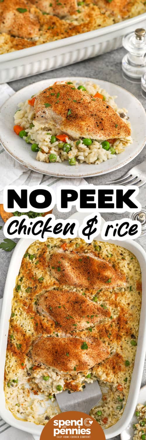 No Peek Chicken and rice in the casserole dish and on a plate with a title