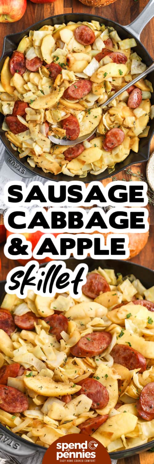 Sausage, Cabbage, and Apple Skillet in a pan and close up with a title