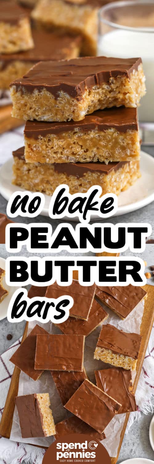 Scotcheroos are an easy choice when you need a dessert that comes together fast and tastes incredible. The chewy peanut butter base mixes with cereal for great texture, and the chocolate-butterscotch topping adds a sweet, creamy finish. These bars require minimal equipment and no baking, making them a go-to option for busy days. They slice neatly and store well, ideal for make-ahead treats. #spendwithpennies no bake Scotcheroos on a wooden board with parcment paper and close up of plated squares with a title
