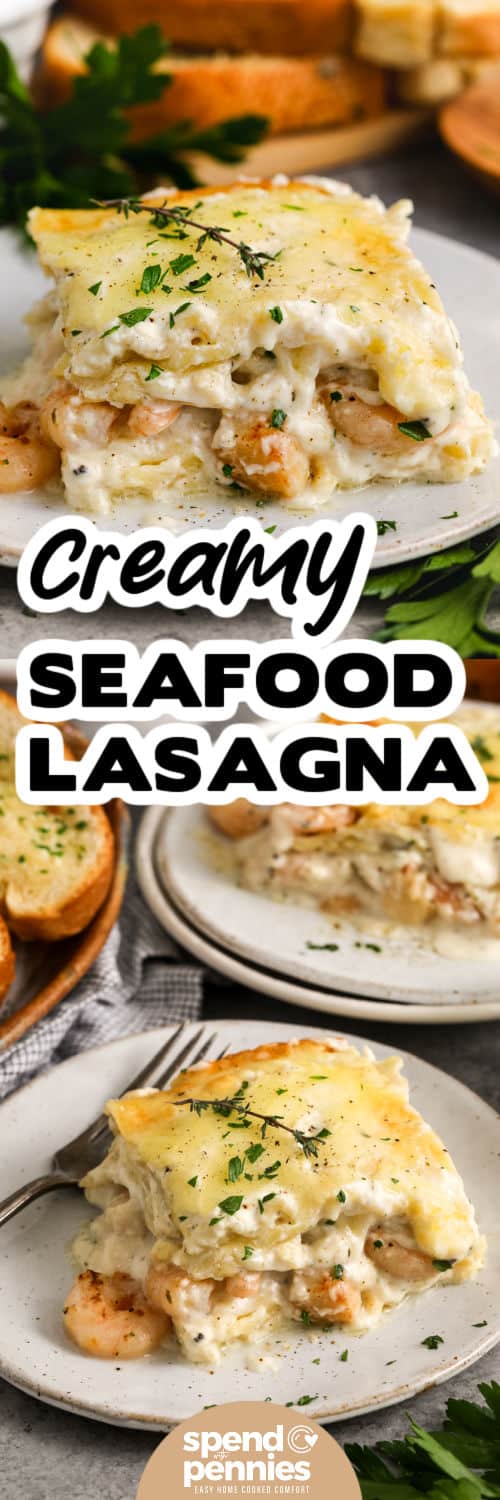 seafood lasagna servings on white plates with writing