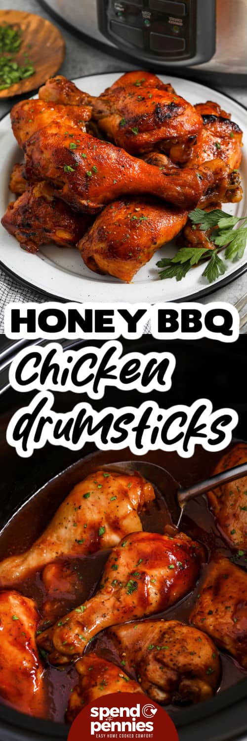 Slow Cooker Chicken Drumsticks in the cooker and plated with a title