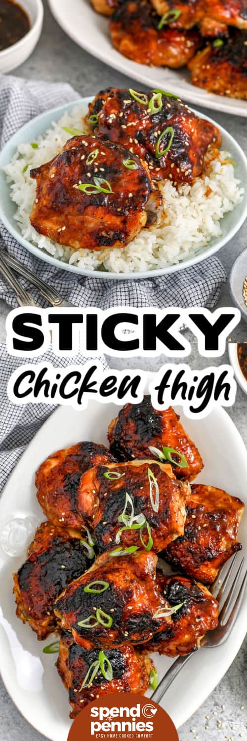 These sticky chicken thighs bake up juicy and tender. They have a delish maple garlic glaze that turns thick, glossy, and flavorful. The combination of maple syrup, soy sauce, Dijon, and garlic creates a balanced sweet-savory sauce that caramelizes into a sticky glaze in the oven. This recipe uses simple ingredients, easy prep, and delivers a comforting main dish perfect for busy weeknights or meal prep with plenty of extra sauce for serving. #spendwithpennies juicy Sticky Chicken Thighs on a plate and on rice with a title