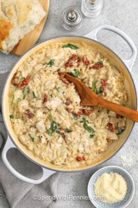 Marry Me Chicken Orzo in a pan