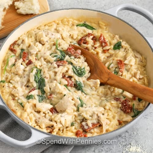 close up of a pan full of Marry Me Chicken Orzo
