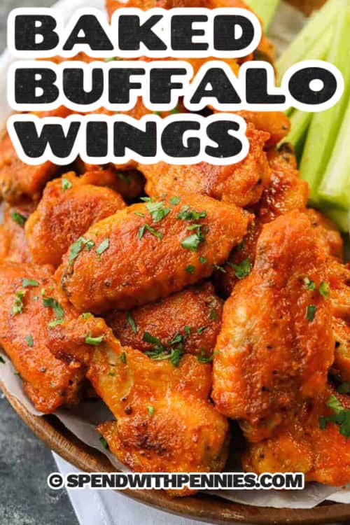 Baked Buffalo Wings with celery with a title