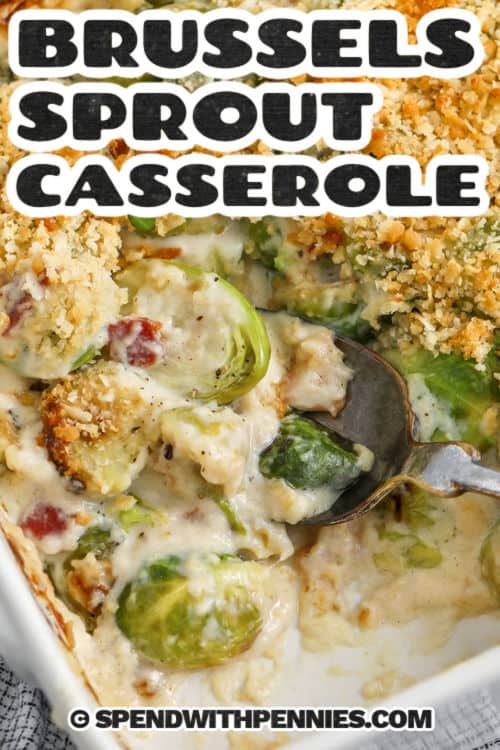 This creamy Brussel sprout casserole is made with tender browned sprouts, a rich Gruyere cheese sauce, and a buttery cracker topping that turns golden in the oven. It is the perfect Christmas side dish because it feels festive, comforting, and pairs well with turkey or ham. The sauce is smooth and flavorful, making this casserole a warm and inviting addition to any holiday meal. #spendwithpennies close up of Brussels Sprout Casserole in the dish with writing